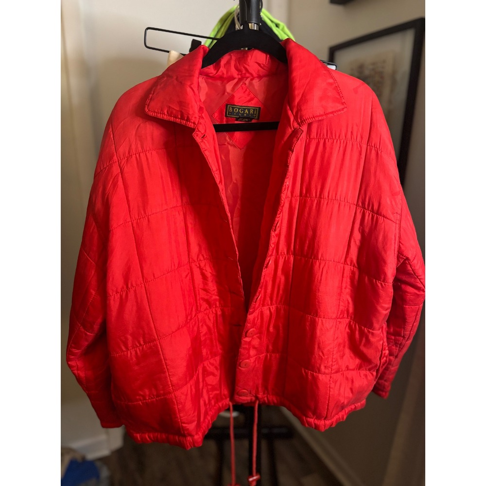 Bogari Studio Mens Red 100% Silk Quilted Puffer Jacket Size Large Drawstring Hem